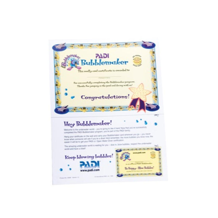 PADI Bubblemaker Certificate and Card