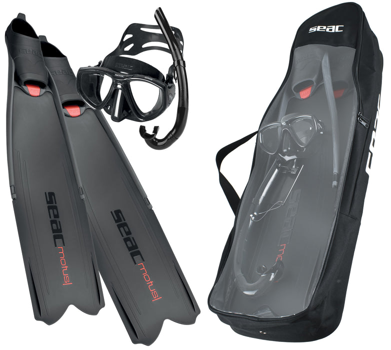 SEAC Tris Motus Set - Motus Camo Long Freediving Soft Powerful Fins, One Mask and Jet Snorkel