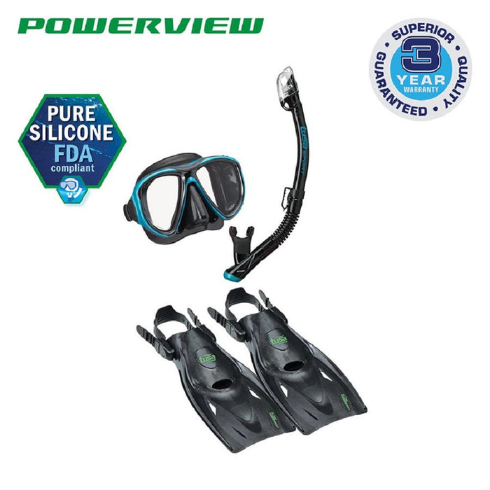 Tusa Powerview Dry Adult Mask,Snorkel and Fin Set