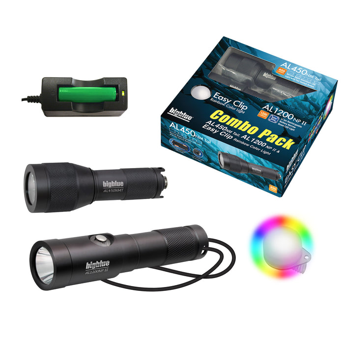 Bigblue Combo Pack AL1200NP-II (1200 Lumens 10° beam) & AL450NT (450 Lumens 8° beam) Dive Light w/ Rainbow EZ Clip