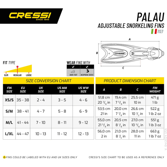 Cressi Palau LAF Long Adjustable Snorkeling Fins - Multi-Size Open Heel Fins for Travel, Swimming & Scuba - Comfortable Barefoot Fit, Made in Italy