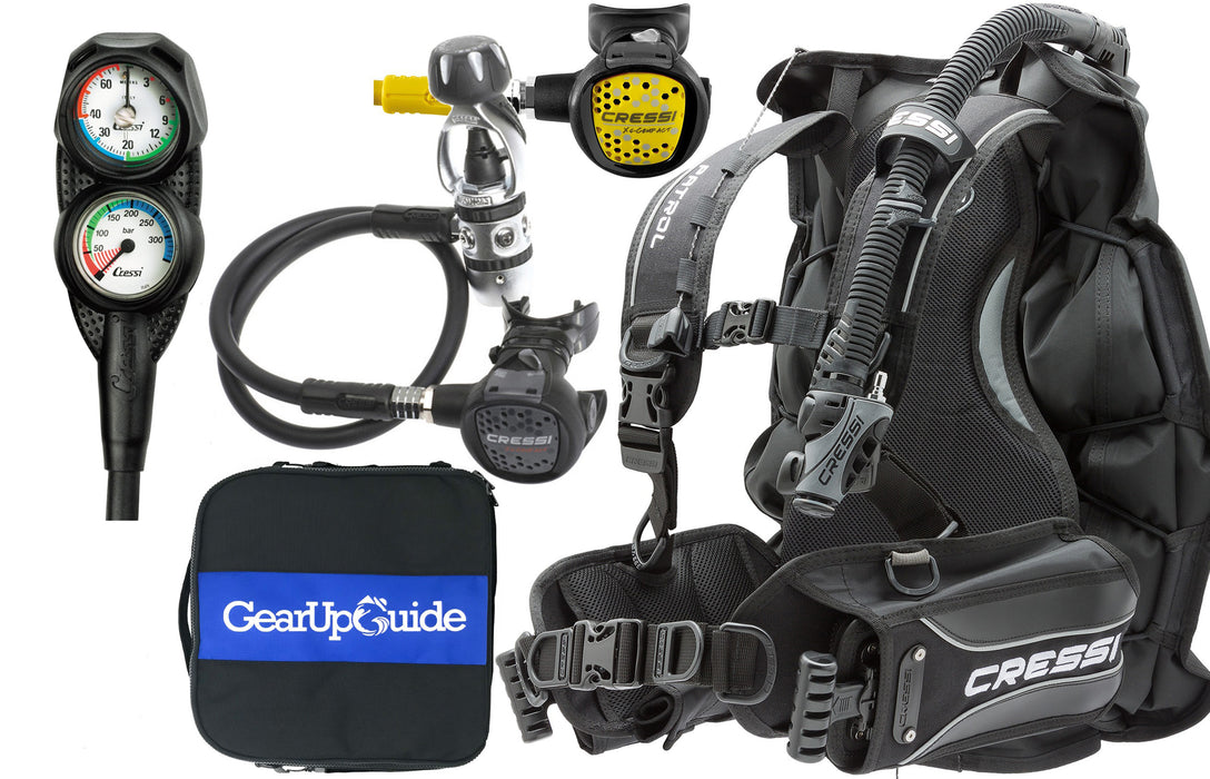 Cressi Patrol BCD Scuba Diving Gear w/ AC2 Compact Regulator, Compact Octo, Mini Console PD2 & GupG Regulator Bag