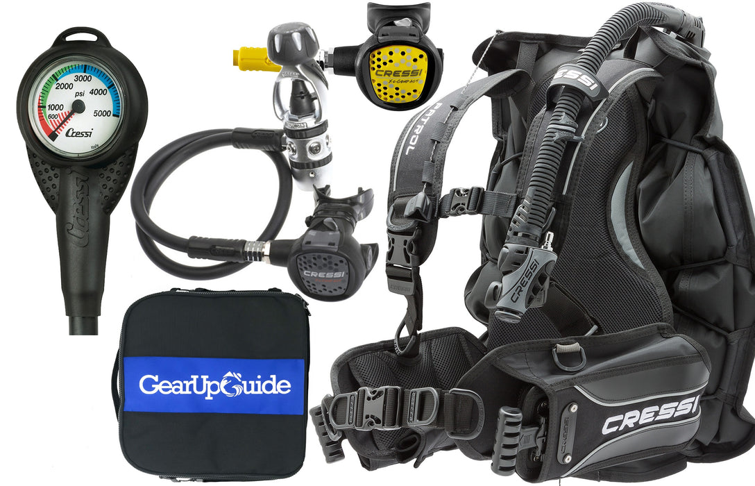 Cressi Patrol BCD Scuba Diving Gear w/ AC2 Compact Regulator, Compact Octo, Mini SPG PSI Gauge & GupG Regulator Bag