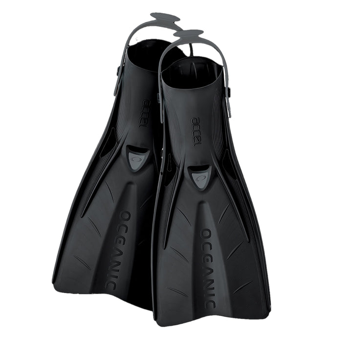 Oceanic Accel Dive Fins – Compact Open Heel Scuba Fins with High-Stretch Heel Strap, Angled Blade for Powerful & Efficient Kicking
