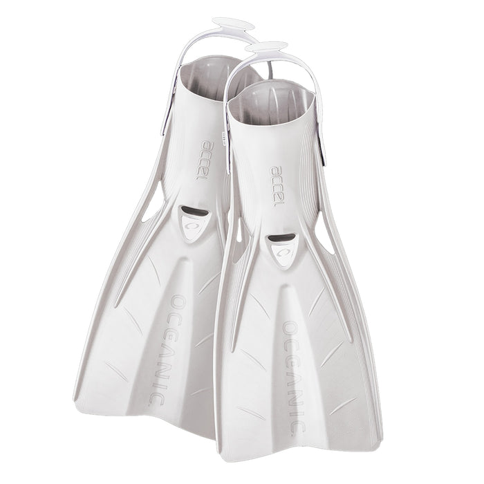 Oceanic Accel Dive Fins – Compact Open Heel Scuba Fins with High-Stretch Heel Strap, Angled Blade for Powerful & Efficient Kicking