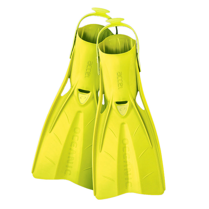 Oceanic Accel Dive Fins – Compact Open Heel Scuba Fins with High-Stretch Heel Strap, Angled Blade for Powerful & Efficient Kicking