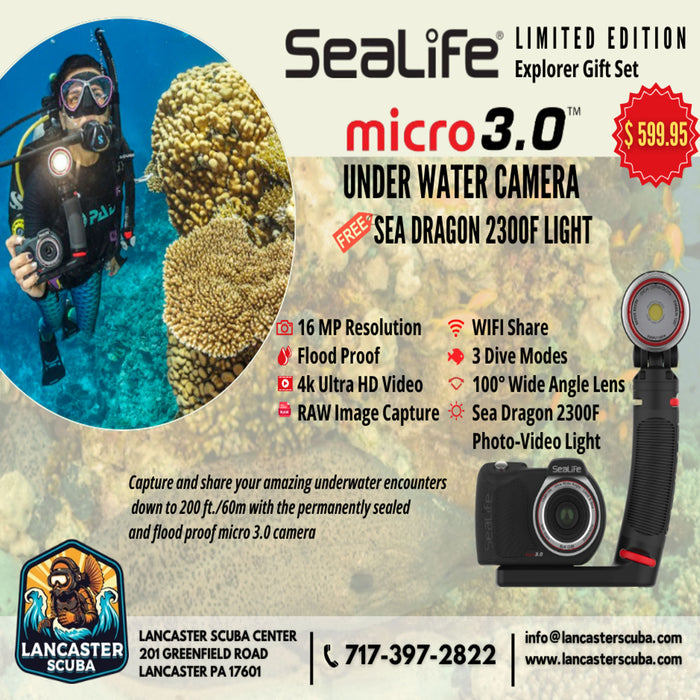 SeaLife Micro 3.0 Limited Edition Explorer Underwater Camera Gift Set for Photography & Video, Easy Set-up, Includes Sea Dragon 2300F Photo-Video Light