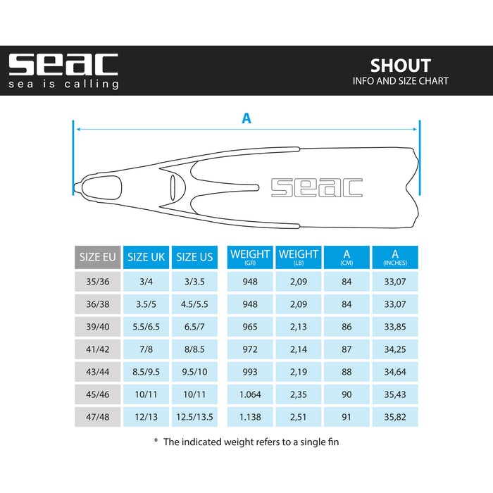 SEAC Shout Adult Long Fins for Scuba Diving, Freediving and Spearfishing