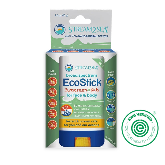Stream2Sea EcoStick Sunscreen Display (6pcs) for Kids - SPF 35+ Mineral Sunscreen for Face and Body - Reef Safe, Non-Nano Zinc and Titanium Dioxide - Eye-Safe, Hawaii-Compliant Sun Protection