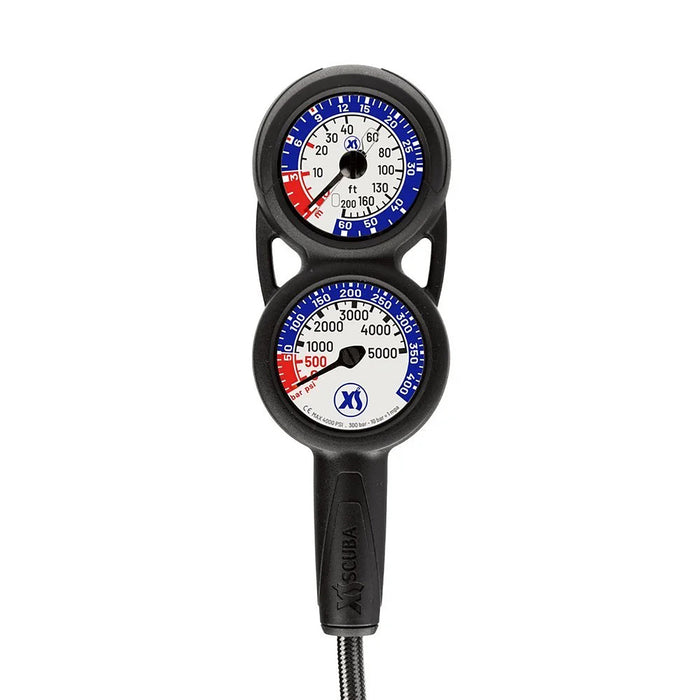 XS Scuba QuikVu Dual Scale Console – Slim 2-Gauge Console with Pressure & Depth Gauges, Braided HP Hose