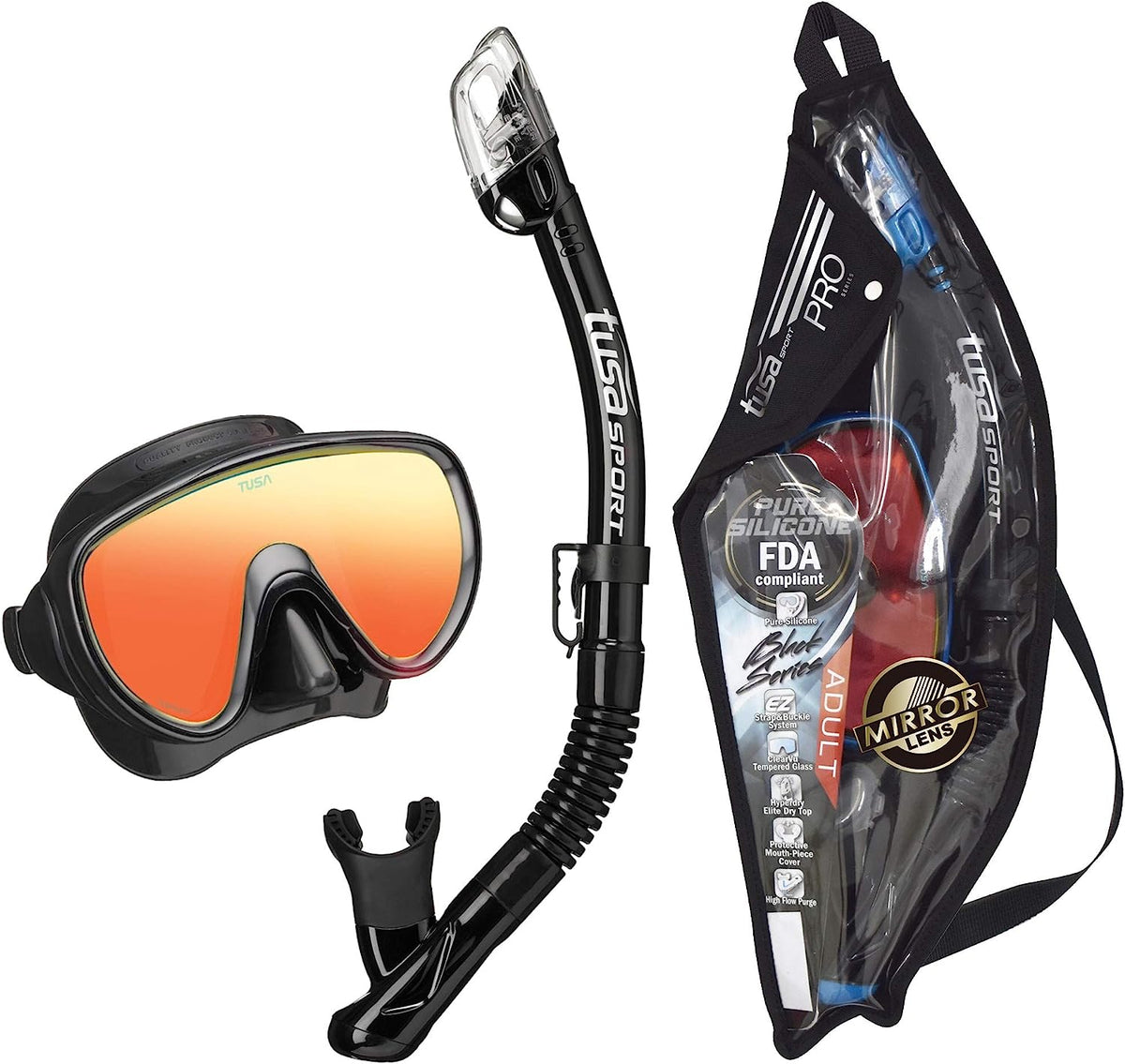 Tusa Serene Adult Mirror Black Series Mask and Snorkel ComboBlack/Black